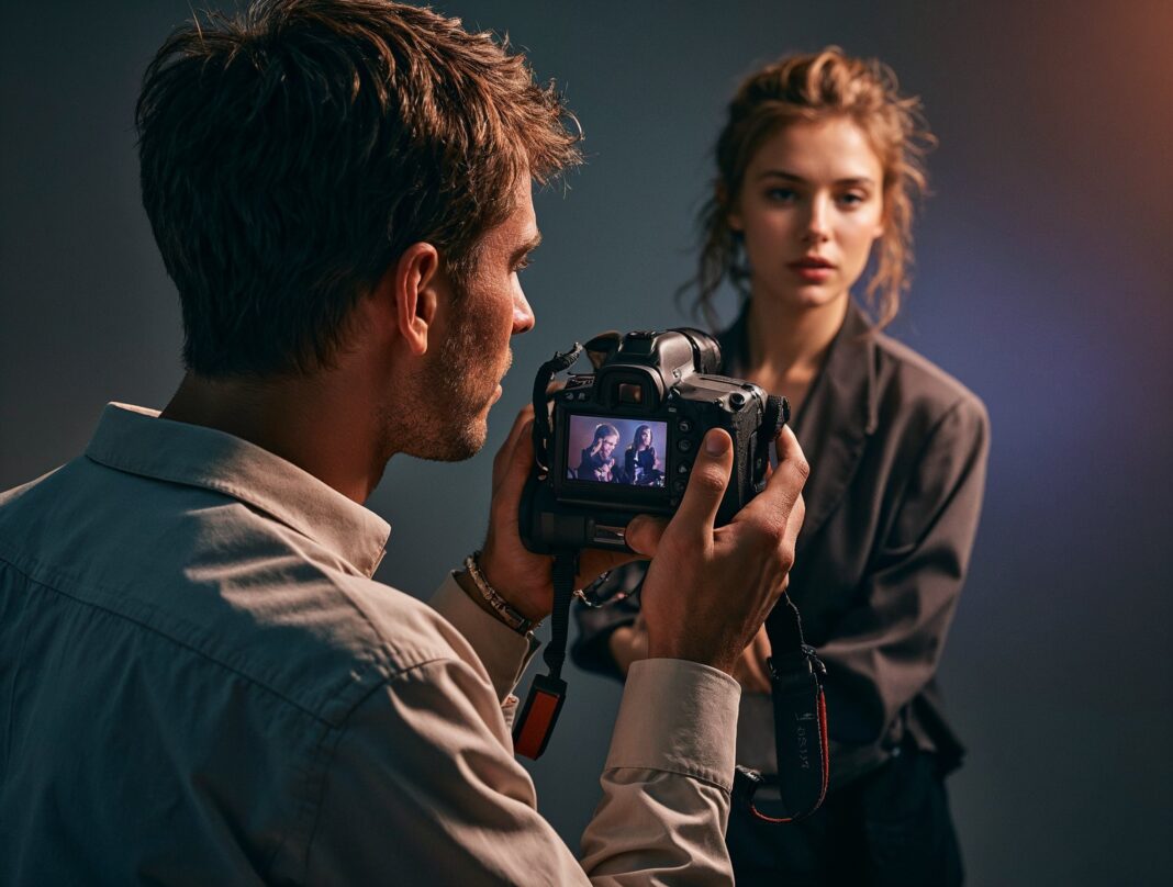 Fotograf wykonujący portret kobiety w jasnym studiu